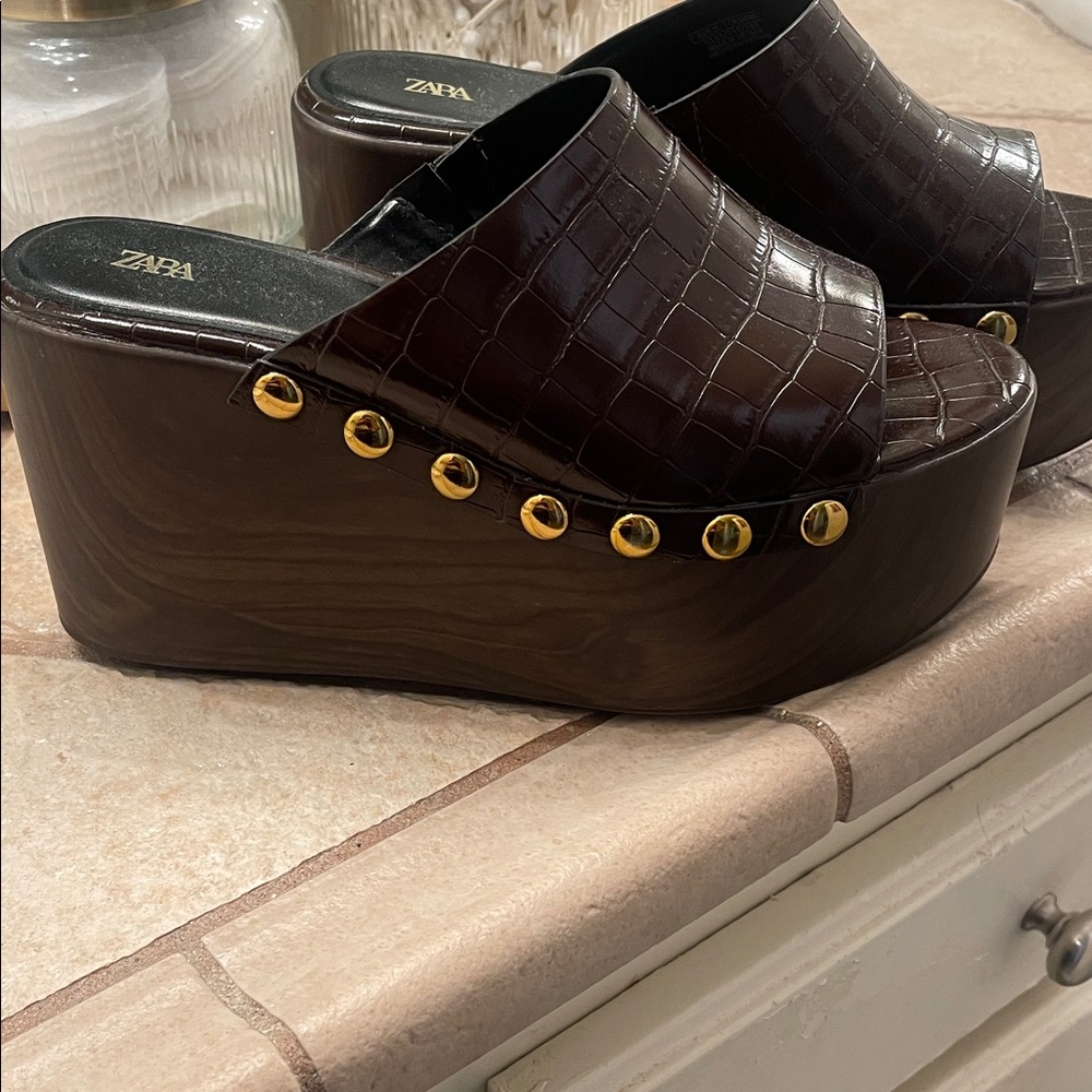Zara Dark Brown Platform Mules with Gold Studs